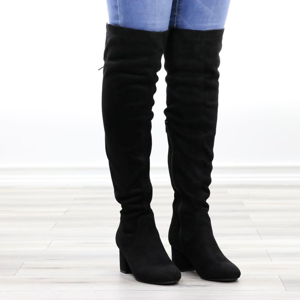 Over The Knee Block Heel Boots With Lace Up Back - Picture 4 of 16